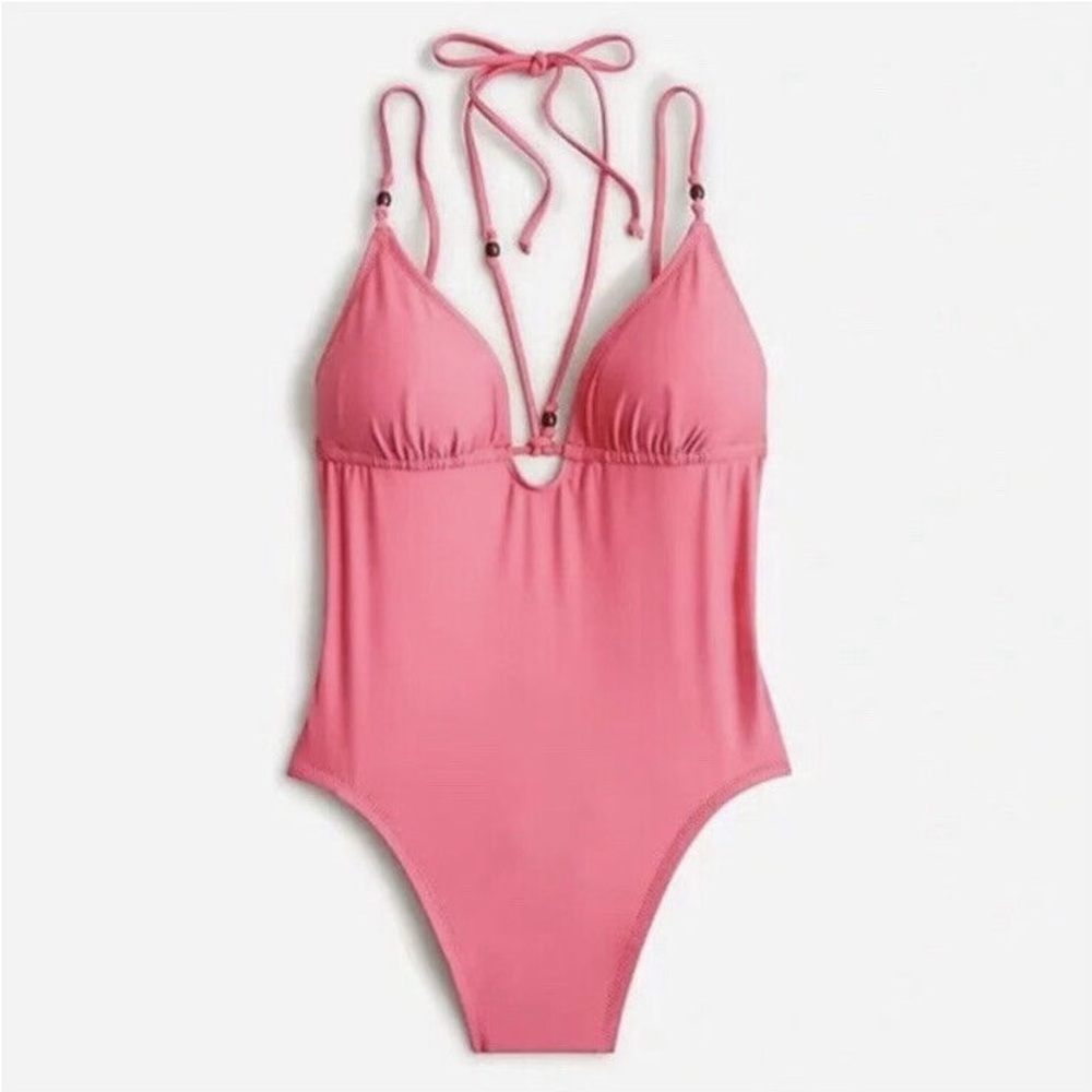 J. Crew NWT Tropical Pink Strappy Plunge Beaded One-Piece Swimsuit Size 6